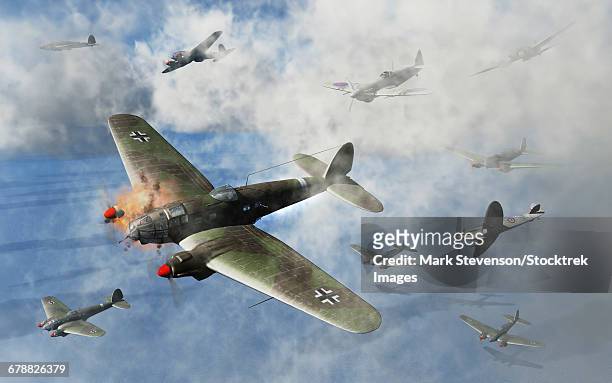 bildbanksillustrationer, clip art samt tecknat material och ikoner med german heinkel he 111 bombers under attack from royal air force spitfires. - andra världskriget