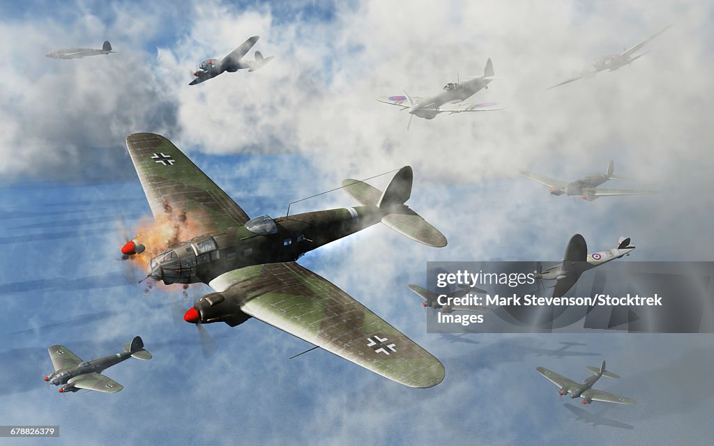 German Heinkel He 111 bombers under attack from Royal Air Force Spitfires.