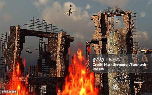 german ju 87 stuka dive bombers attacking a city during world war ii. - battle of britain stock illustrations