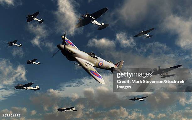 german heinkel he 111 bombers under attack from royal air force spitfires. - nazism stock illustrations