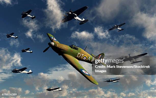 german heinkel he 111 bombers under attack from a royal air force hurricane. - battle of britain stock illustrations