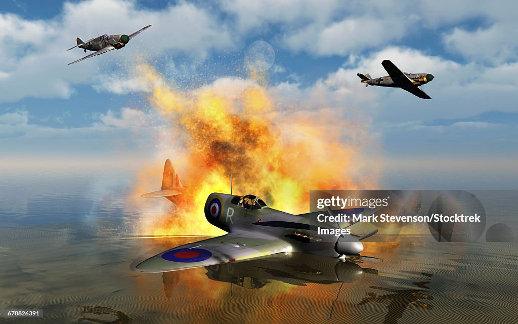 A Royal Air Force Spitfire shot down by German Messerschmitt Bf 109s.
