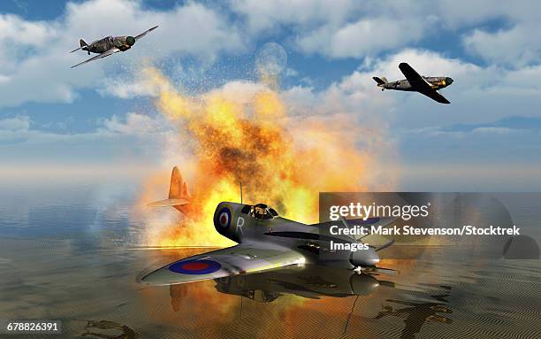 a royal air force spitfire shot down by german messerschmitt bf 109s. - battle of britain stock illustrations