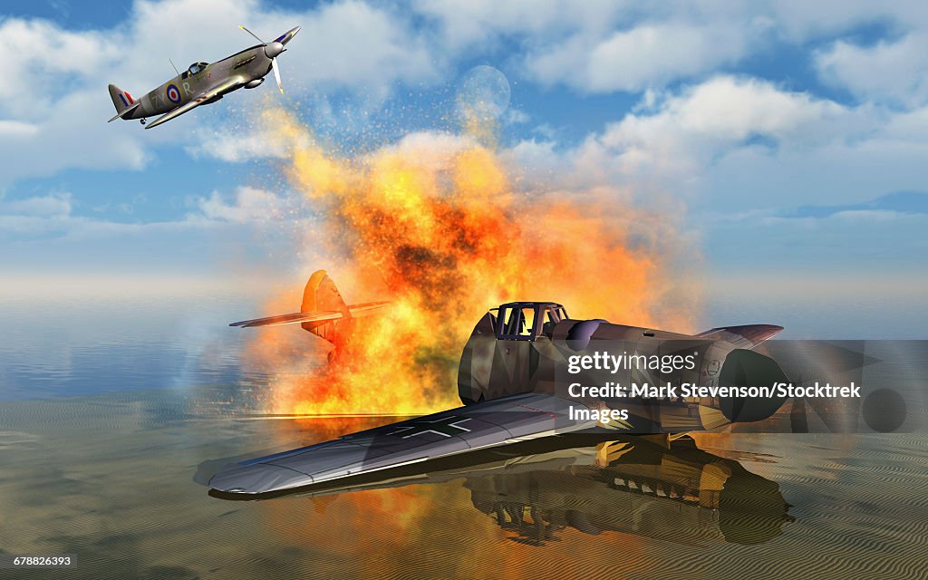 A German Messerschmitt Bf 109 shot down over by a Royal Air Force Spitfire.