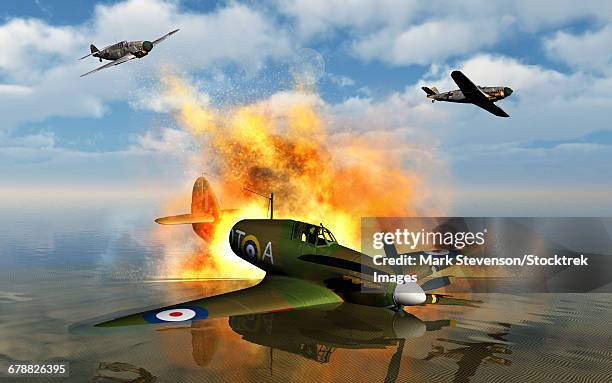 a royal air force hawker hurricane shot down by german bf 109s. - airplane fire stock illustrations