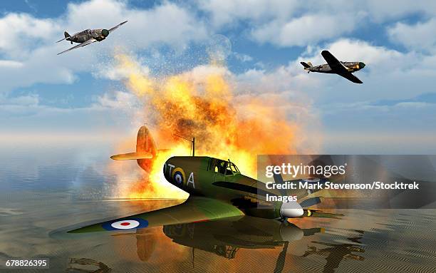 a royal air force hawker hurricane shot down by german bf 109s. - battle of britain hawker hurricane stock illustrations