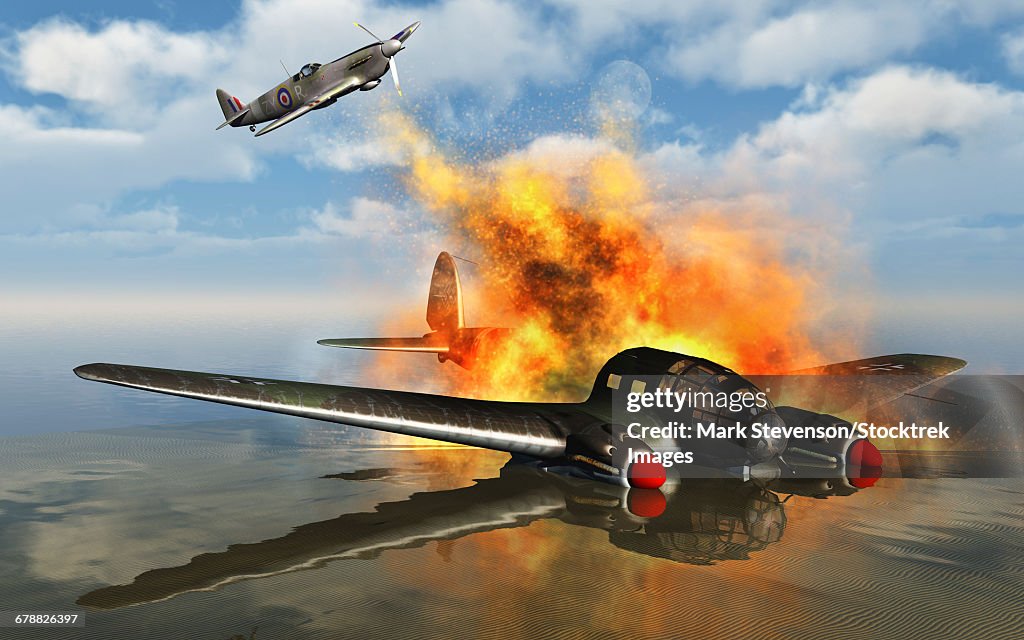 A German Heinkel He 111 bomber shot down by a Royal Air Force Spitfire.