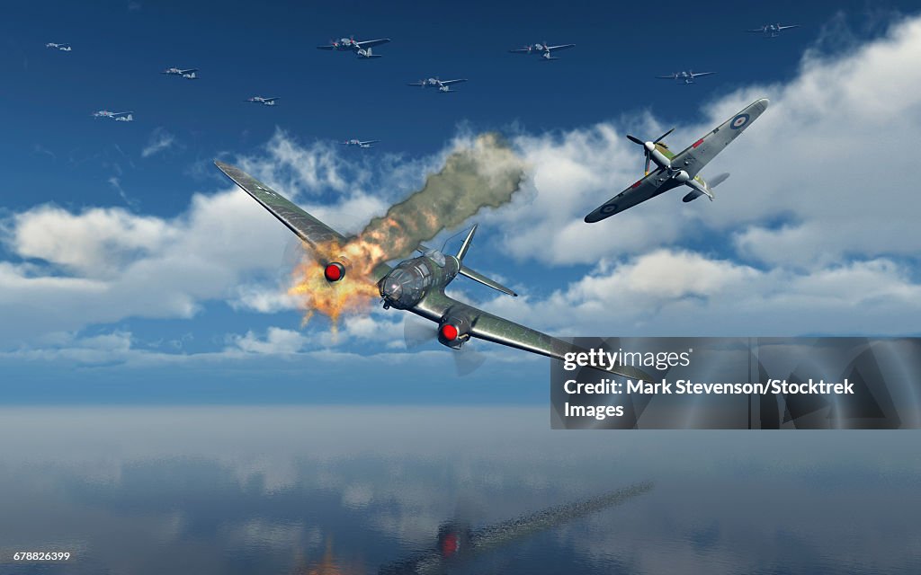 A German Heinkel He 111 bomber under attack from RAF Supermarine Spitfire.