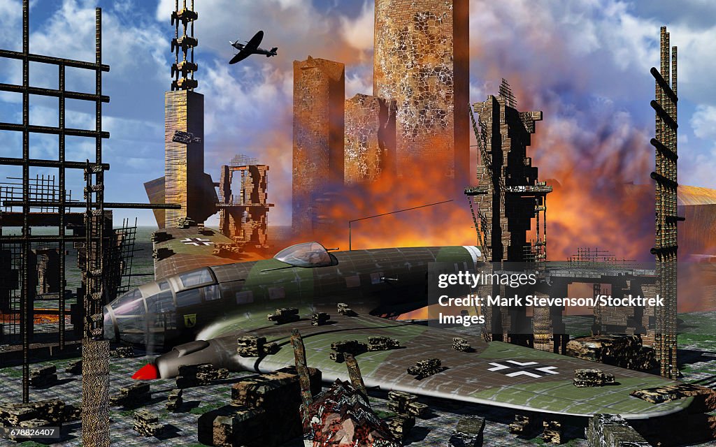 The burning wreckage of a German Heinkel He 111.