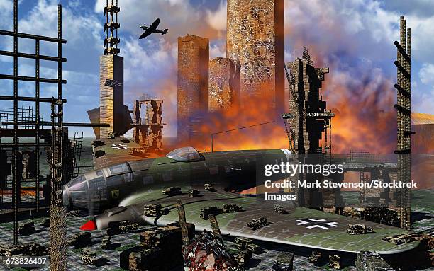 the burning wreckage of a german heinkel he 111. - battle of britain stock illustrations