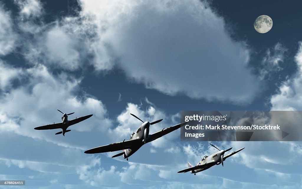 A formation of Royal Air Force Supermarine Spitfires.