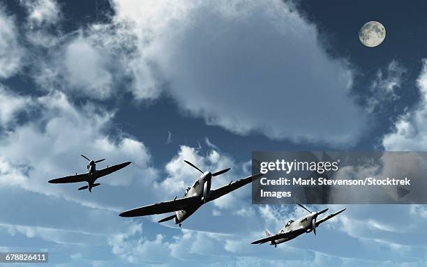 a formation of royal air force supermarine spitfires. - battle of britain stock illustrations