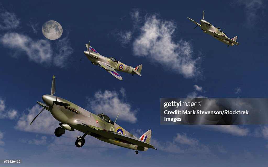 Royal Air Force Supermarine Spitfires taking off as they into combat.
