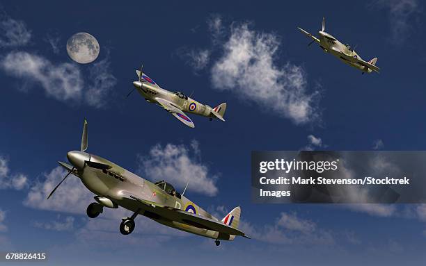 royal air force supermarine spitfires taking off as they into combat. - battle of britain stock illustrations