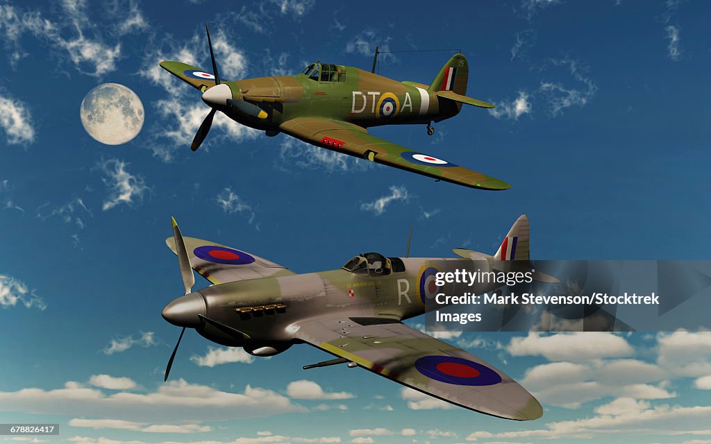 A Royal Air Force Supermarine Spitfire and Hawker Hurricane.