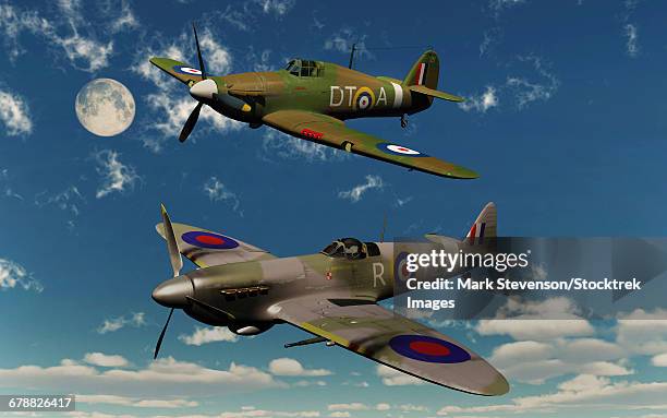 a royal air force supermarine spitfire and hawker hurricane. - battle of britain stock illustrations
