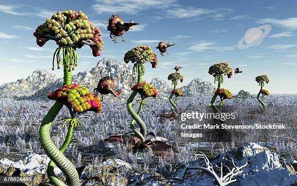 ilustraciones, imágenes clip art, dibujos animados e iconos de stock de a futuristic alien plant harvest. - mark bloom