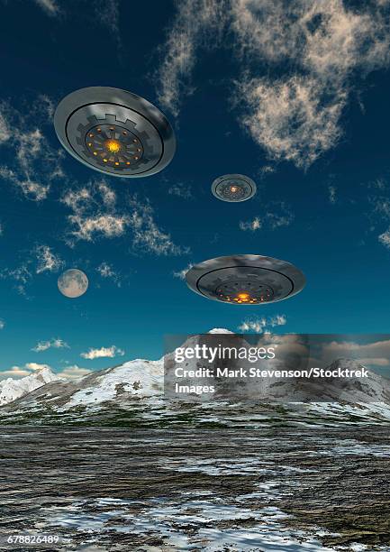 ufos flying over a mountain range. - snow explorer stock illustrations
