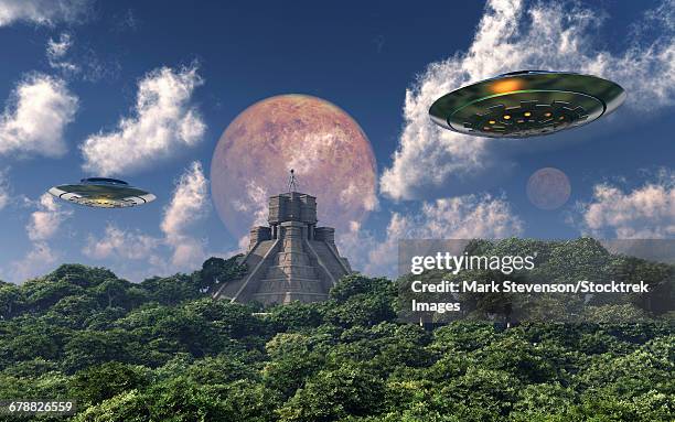 the arrival of planet nibiru, also known as planet x, as seen from a mayan pyramid. - out of context stock illustrations