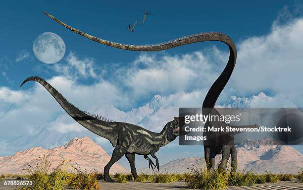 ilustrações, clipart, desenhos animados e ícones de a carnivorous allosaurus in a deadly battle with a diplodocus dinosaur. - diplodocus