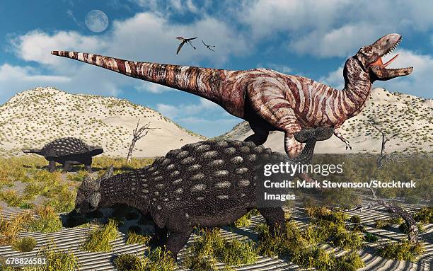 an ankylosaurus defending itself from an attacking tyrannosaurus rex during earths cretaceous period. - scute stock illustrations