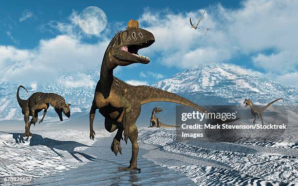 cryolophosaurus dinosaurs roaming modern day antarctica during the jurassic period. - schneebedeckt stock-grafiken, -clipart, -cartoons und -symbole