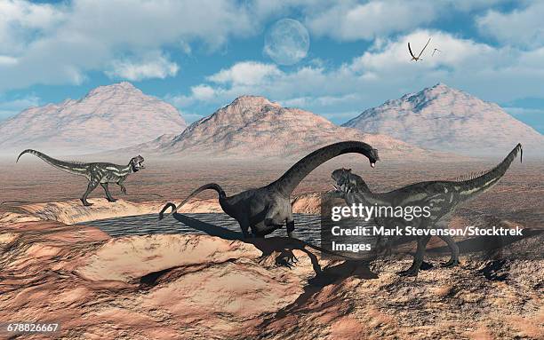 ilustraciones, imágenes clip art, dibujos animados e iconos de stock de allosaurus dinosaurs stalk a diplodocus trapped in a mud pit. - allosaurus