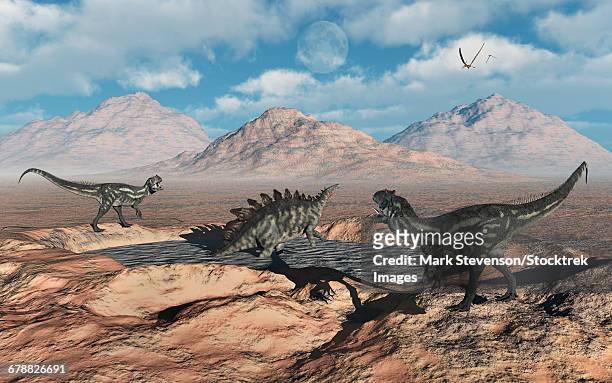 allosaurus dinosaurs stalk a stegosaurus trapped in a mud pit. - allosaurus stock-grafiken, -clipart, -cartoons und -symbole