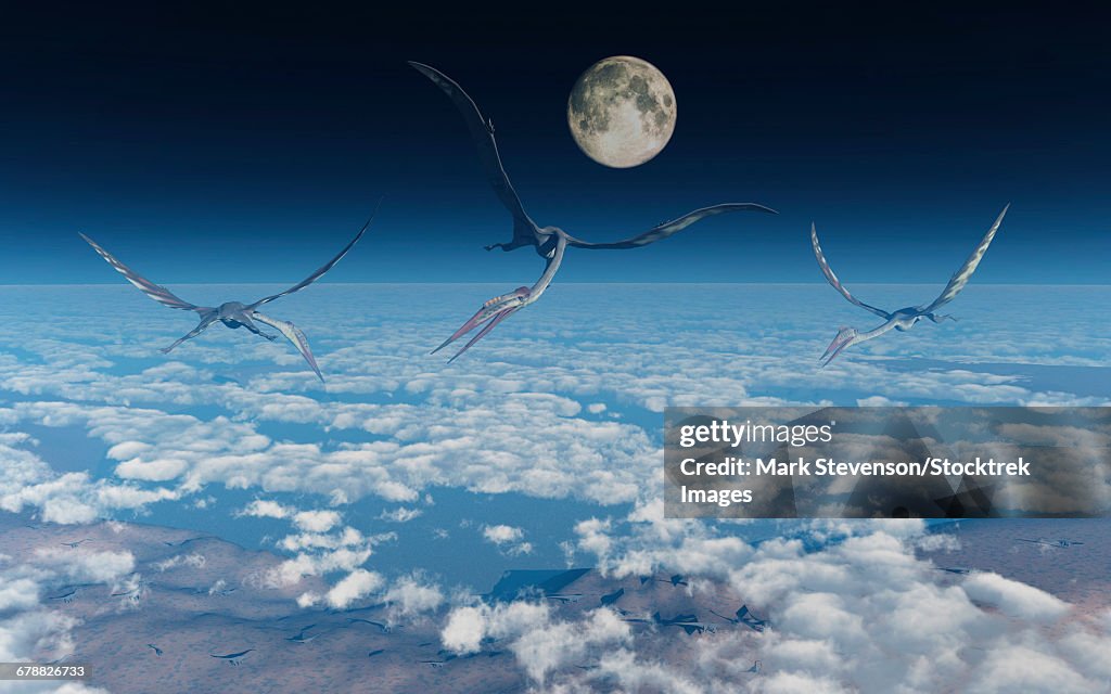 Giant Quetzalcoatlus pterosaurs flying above the clouds.