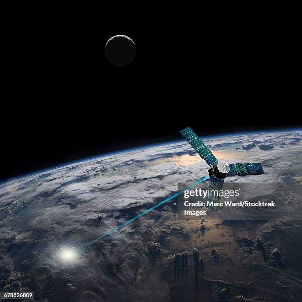 a composite image of a satellite firing an energy weapon at a target on earth. - exploratory spacecraft stock-grafiken, -clipart, -cartoons und -symbole