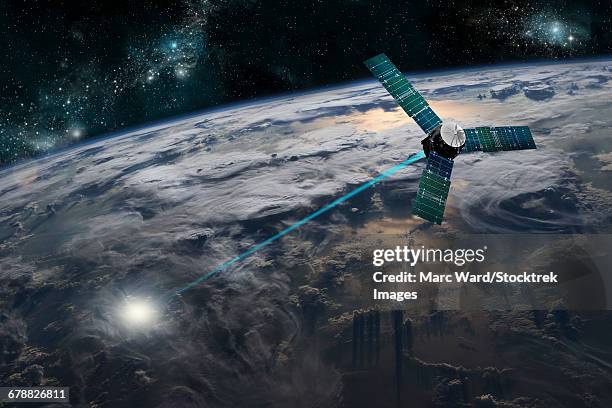 a composite image of a satellite firing an energy weapon at a target on earth. - conflict stock illustrations