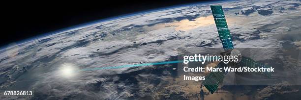 a composite image of a satellite firing an energy weapon at a target on earth. - space probe stock illustrations