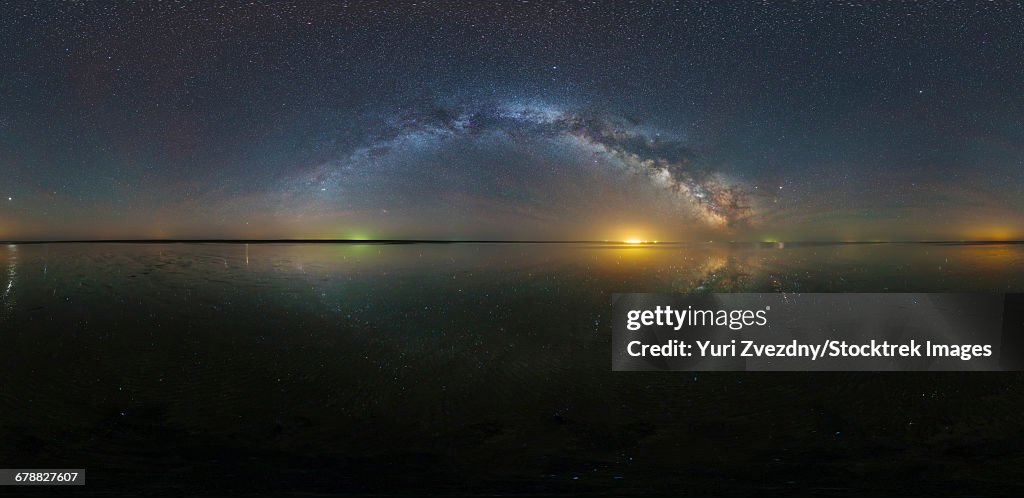 360 panorama of the Milky Way with reflection of stars over Lake Elton salt lake in Russia.