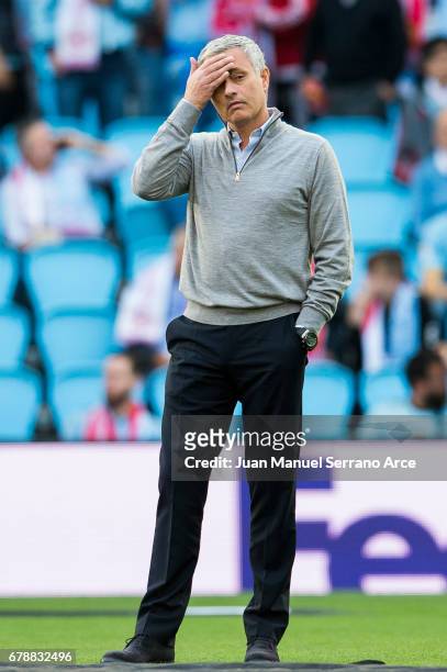 Head coach Jose Mourinho of Manchester United looks on prior to the start the Uefa Europa League, semi final first leg match, between Real Club Celta...