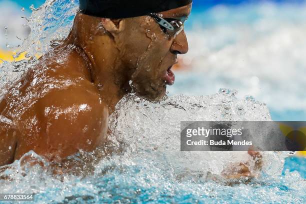 Joao Luiz Gomes Junior of Brazil competes in the Men's 50m Breaststroke final during Maria Lenk Swimming Trophy 2017 - Day 3 at Maria Lenk Aquatics...