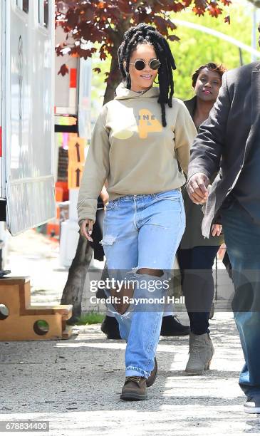 Singer Rihanna arrives on the set of "Ocean's Eight" on May 4, 2017 in New York City.