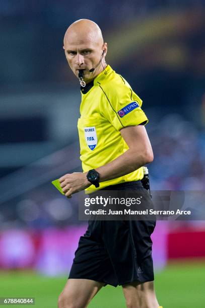 Russian referee Sergei Karasev reacts during the Uefa Europa League, semi final first leg match, between Real Club Celta De Vigo and Manchester...