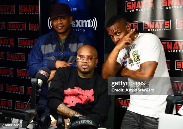 SiriusXM host Sway Calloway poses with rapper and producer Jermaine Dupri and SiriusXM host Whoo Kid during 'Sway in the Morning' at the SiriusXM...