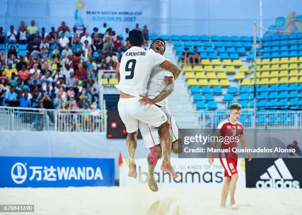 Mohammad Mokhtari and Ali Nazem of Iran celebrates after winning their match during the FIFA Beach Soccer World Cup Bahamas 2017 quarter final match...