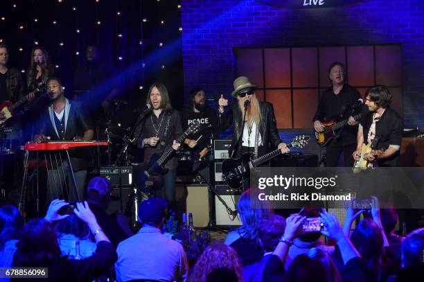 Robert Randolph, Charlie Starr of Blackberry Smoke, Billy Gibbons of ZZ Top, and Charlie Worsham perform onstage during Skyville Live Presents Guitar...