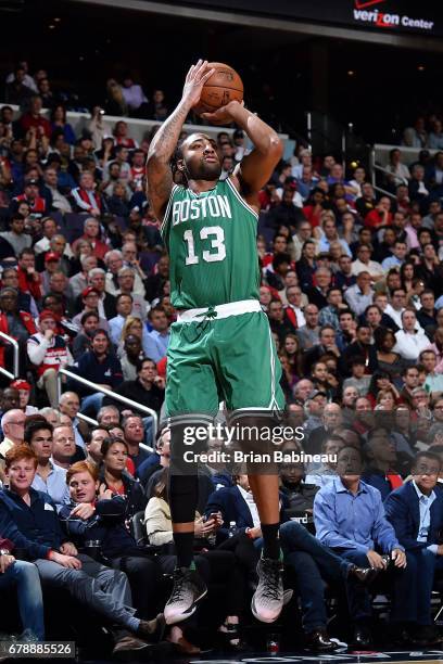 James Young of the Boston Celtics shoots the ball during the game against the Washington Wizards during Game Three of the Eastern Conference...