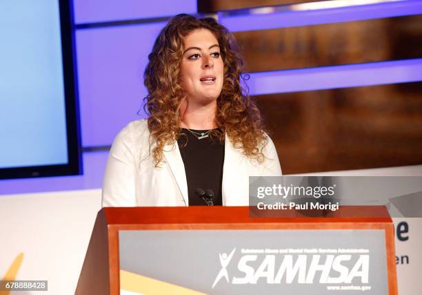 Olympic swimmer Allison Schmitt speaks at the National Children's Mental Health Awareness Day event at George Washington University on May 4, 2017 in...