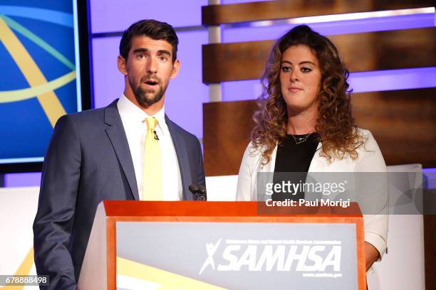 Olympics swimmer Michael Phelps and Allison Schmitt speak at the National Children's Mental Health Awareness Day event at George Washington...