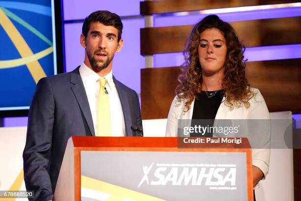 Olympics swimmer Michael Phelps and Allison Schmitt speak at the National Children's Mental Health Awareness Day event at George Washington...