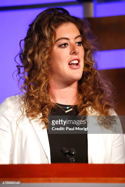 Olympic swimmer Allison Schmitt speaks at the National Children's Mental Health Awareness Day event at George Washington University on May 4, 2017 in...