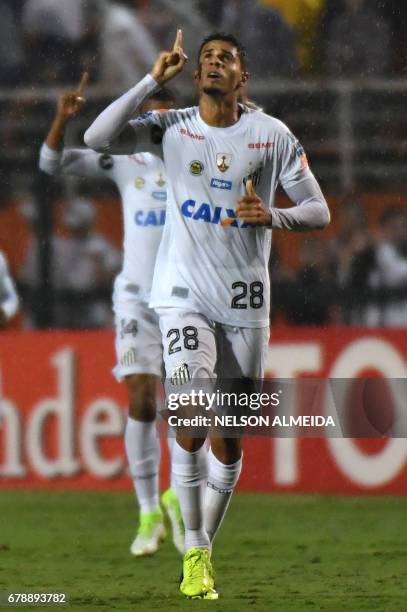 Lucas Verissimo of Brazils Santos celebrates his goal against Colombias Santa Fe during their 2017 Copa Libertadores football match held at Pacaembu...