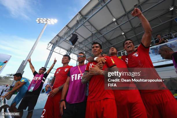 Captain, Naea Bennett of Tahati leads celebrations on the bench after victory after the FIFA Beach Soccer World Cup Bahamas 2017 quarter final match...