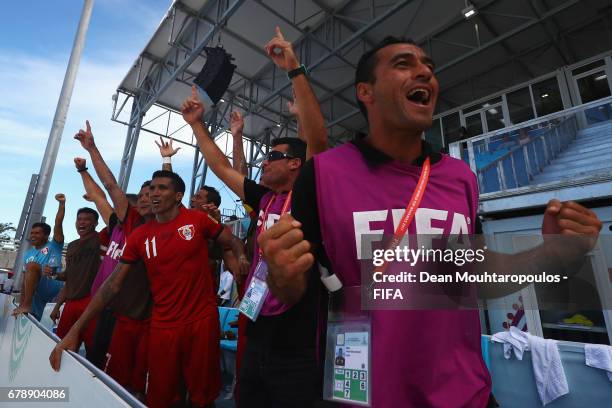 Captain, Naea Bennett of Tahati leads celebrations on the bench after victory after the FIFA Beach Soccer World Cup Bahamas 2017 quarter final match...