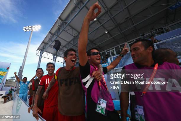Captain, Naea Bennett of Tahati leads celebrations on the bench after victory after the FIFA Beach Soccer World Cup Bahamas 2017 quarter final match...