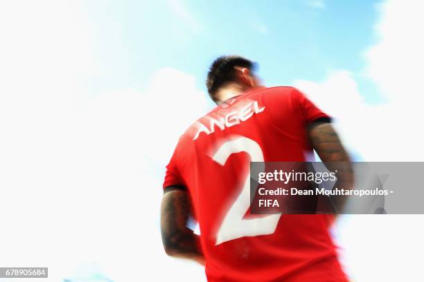 Angelo Tchen of Tahati gets ready to come on as a substitute during the FIFA Beach Soccer World Cup Bahamas 2017 quarter final match between Paraguay...